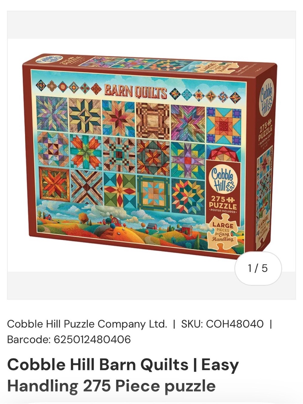 Cobble Hill 275 Piece Jigsaw Puzzle Barn Quilts